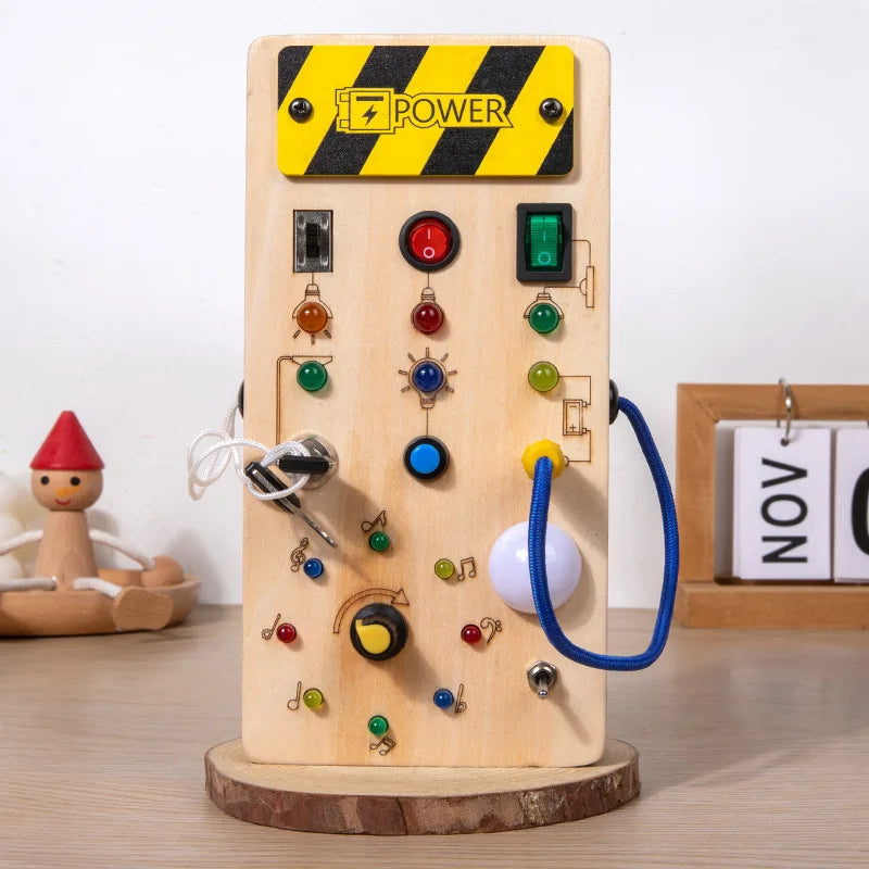 Wooden Busy Board with LED Light Switch Socket Kids Early Learning Educational Toy Hands-On Brain Development Physical Training