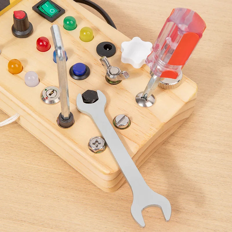 Wooden Busy Board with LED Light Switch Socket Kids Early Learning Educational Toy Hands-On Brain Development Physical Training