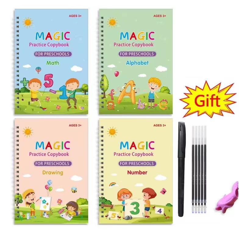 4Pcs Magic Groove Practice Copybook Pen Preschools English Verison Kids Calligraphy Children Reusable Writing Book Free Wiping