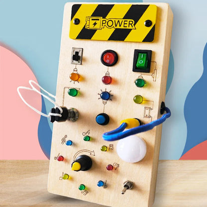 Wooden Busy Board with LED Light Switch Socket Kids Early Learning Educational Toy Hands-On Brain Development Physical Training