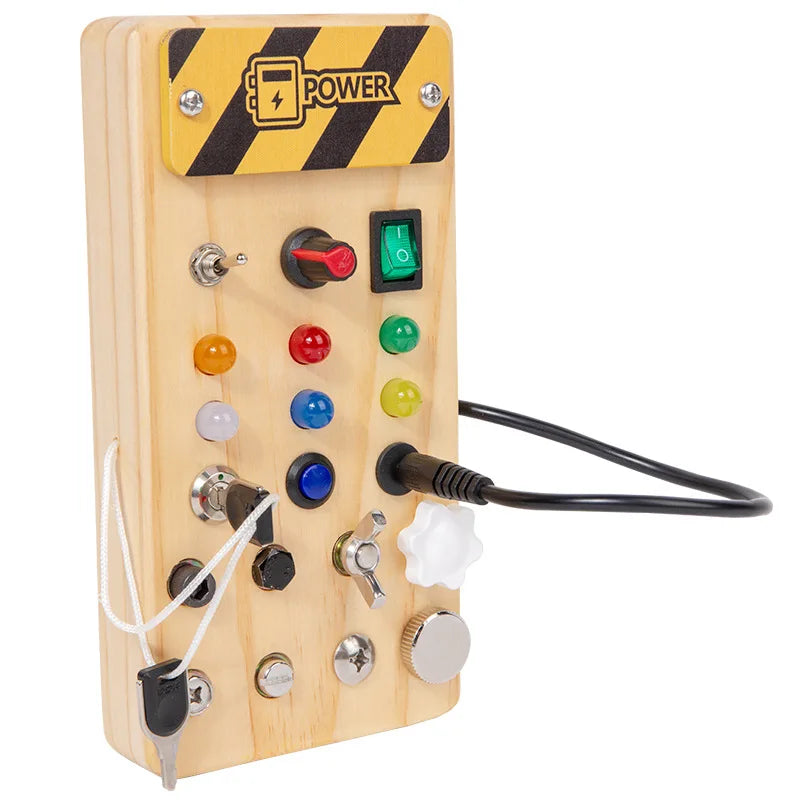 Wooden Busy Board with LED Light Switch Socket Kids Early Learning Educational Toy Hands-On Brain Development Physical Training